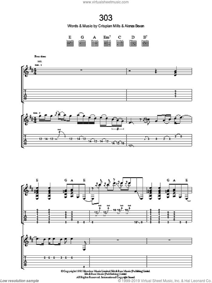 303 sheet music for guitar (tablature) by Kula Shaker, Alonza Bevan and Crispian Mills, intermediate skill level