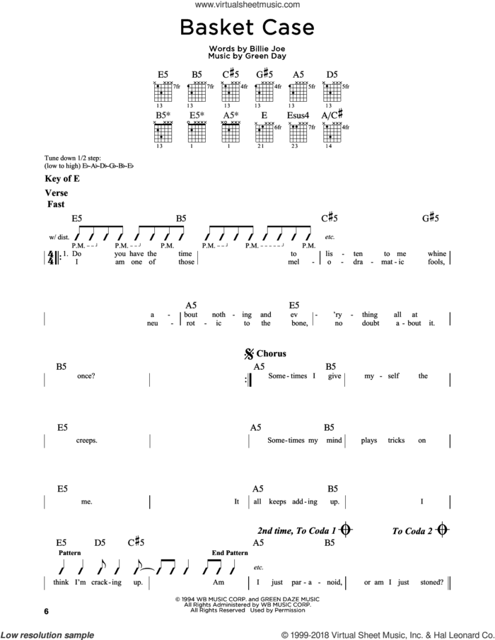 Basket Case sheet music for guitar solo (lead sheet) by Green Day and Billie Joe, intermediate guitar (lead sheet)