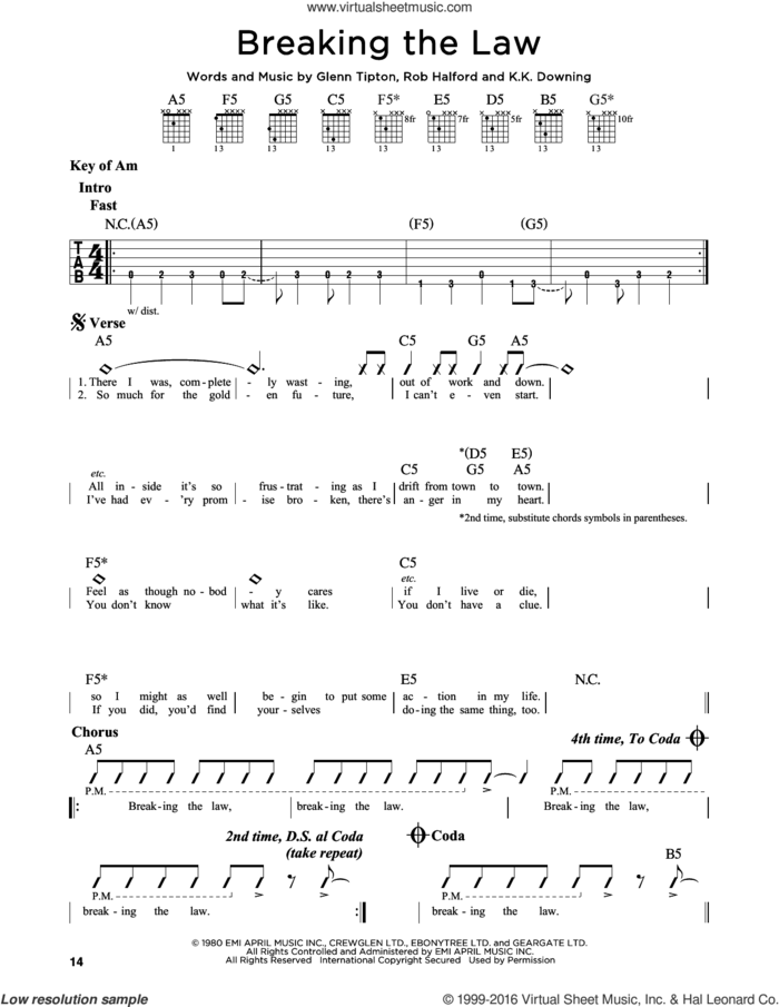 Breaking The Law sheet music for guitar solo (lead sheet) by Judas Priest, Glenn Raymond Tipton, Kenneth Downing and Rob Halford, intermediate guitar (lead sheet)