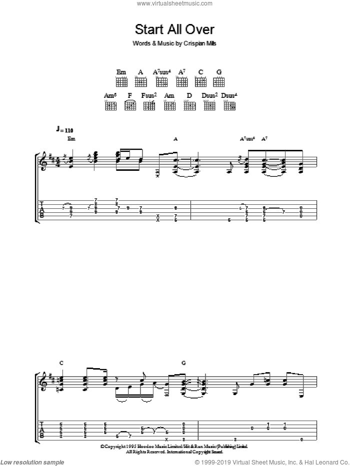 Start All Over sheet music for guitar (tablature) by Kula Shaker and Crispian Mills, intermediate skill level