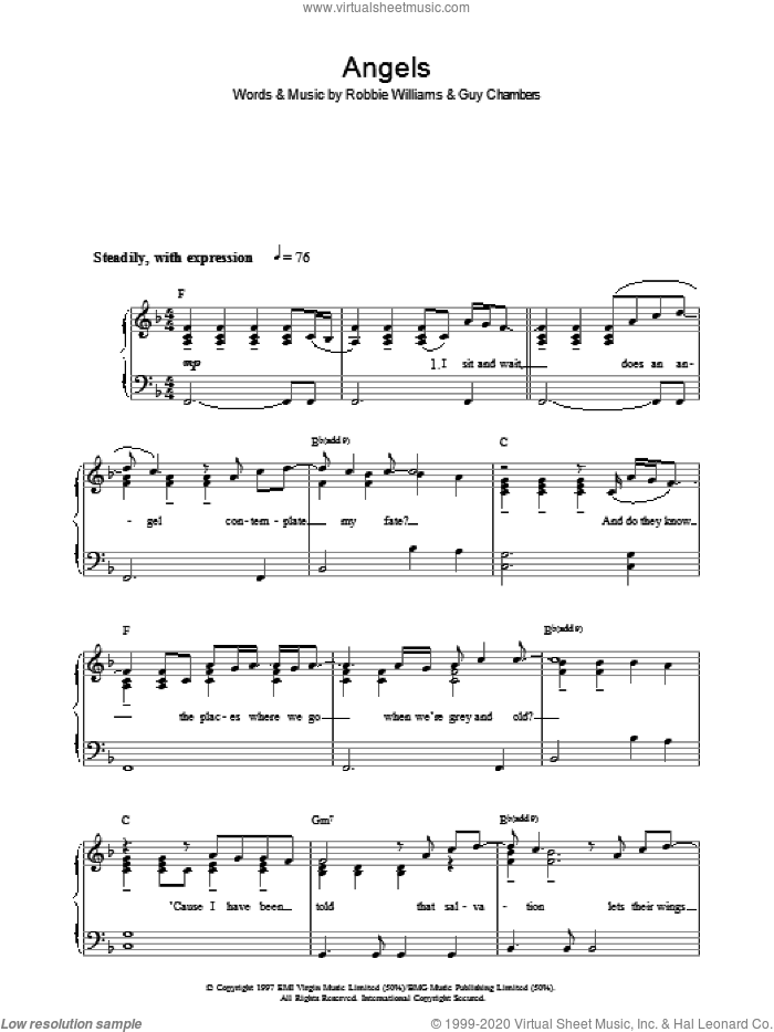 Angels sheet music for voice, piano or guitar by Robbie Williams and Guy Chambers, intermediate skill level