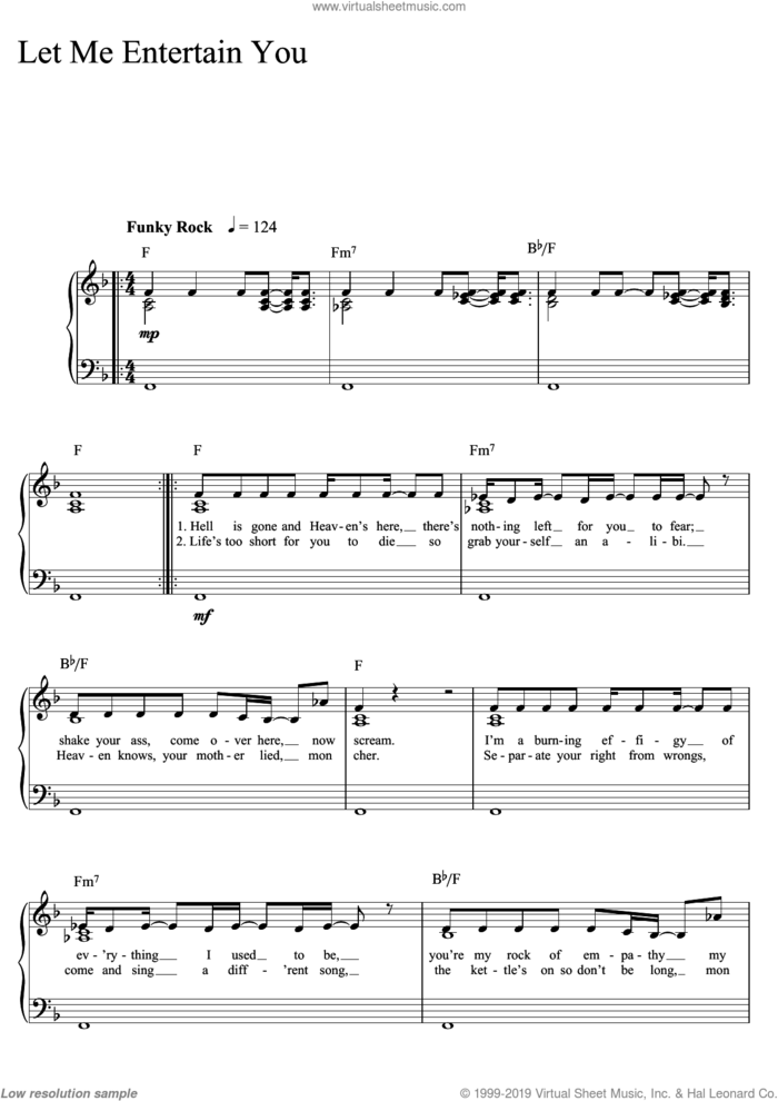 Let Me Entertain You sheet music for piano solo by Robbie Williams and Guy Chambers, easy skill level