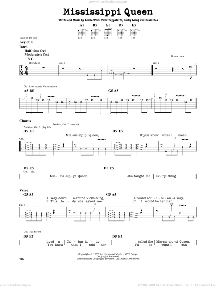 Mississippi Queen sheet music for guitar solo (lead sheet) by Mountain, Corky Laing, David Rea, Felix Pappalardi and Leslie West, intermediate guitar (lead sheet)