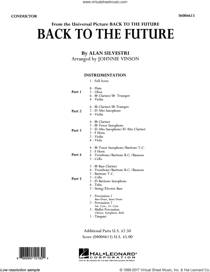 Back to the Future (Main Theme) (COMPLETE) sheet music for concert band by Johnnie Vinson and Alan Silvestri, intermediate skill level