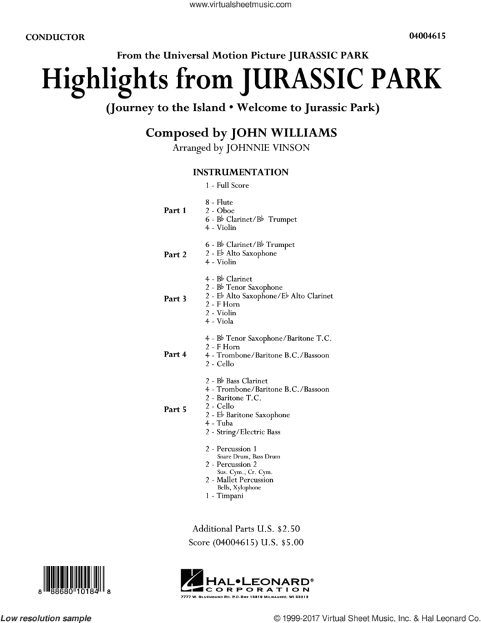 Highlights from Jurassic Park (COMPLETE) sheet music for concert band by John Williams and Johnnie Vinson, intermediate skill level