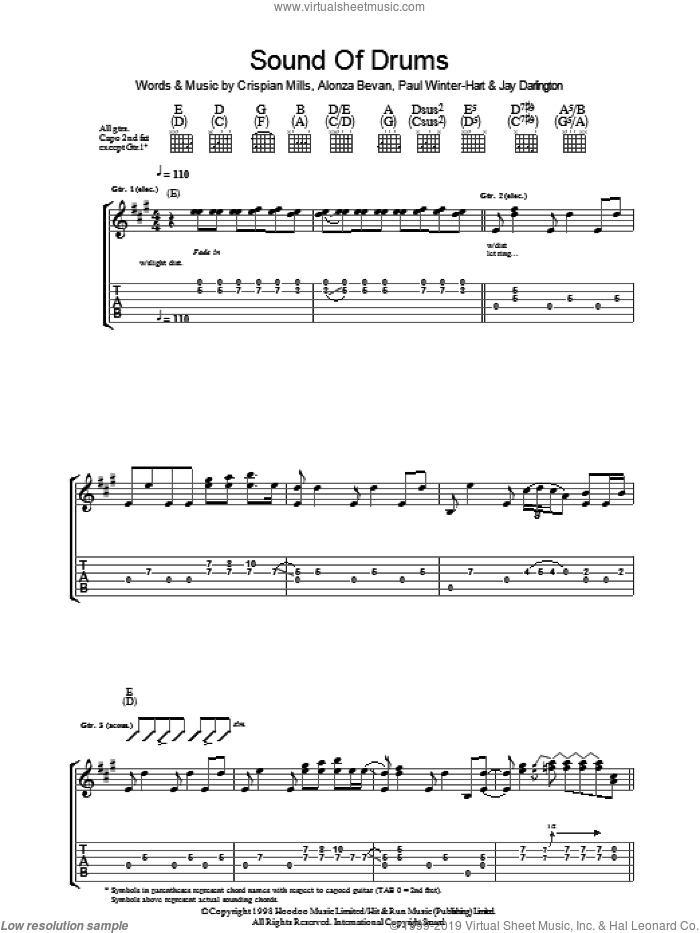 Sound Of Drums sheet music for guitar (tablature) by Kula Shaker, Alonza Bevan, Crispian Mills, Jay Darlington and Paul Winter-Hart, intermediate skill level