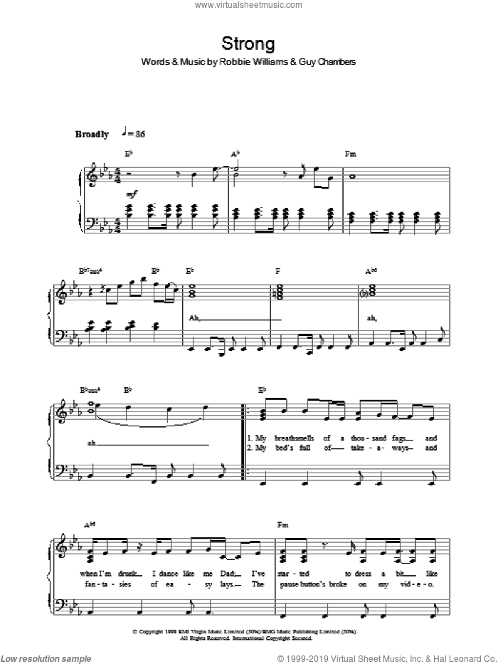Strong sheet music for voice, piano or guitar by Robbie Williams and Guy Chambers, intermediate skill level