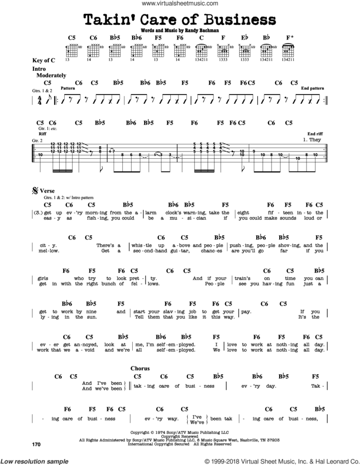 Takin' Care Of Business sheet music for guitar solo (lead sheet) by Bachman-Turner Overdrive and Randy Bachman, intermediate guitar (lead sheet)