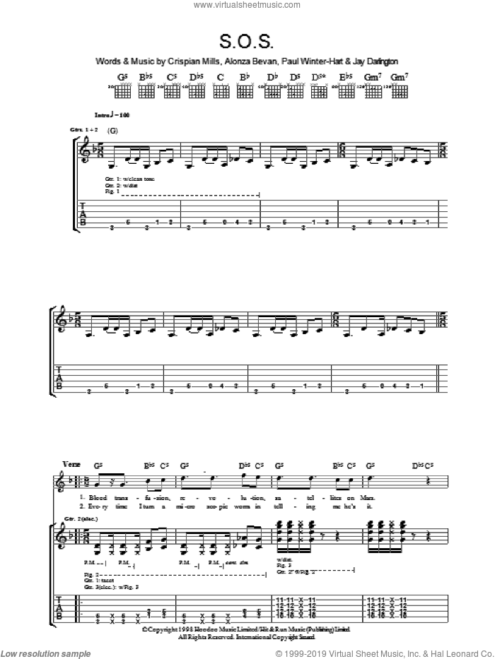 S.O.S. sheet music for guitar (tablature) by Kula Shaker, Alonza Bevan, Crispian Mills, Jay Darlington and Paul Winter-Hart, intermediate skill level