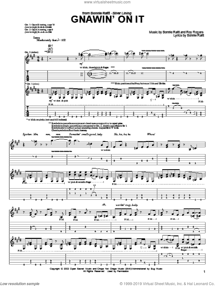 Gnawin' On It sheet music for guitar (tablature) by Bonnie Raitt and Roy Rogers, intermediate skill level