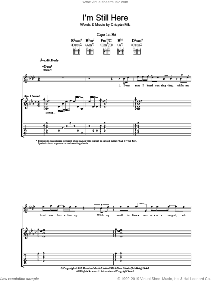 I'm Still Here sheet music for guitar (tablature) by Kula Shaker and Crispian Mills, intermediate skill level