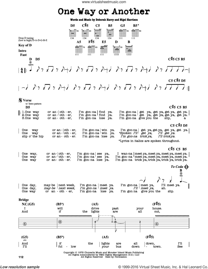 One Way Or Another sheet music for guitar solo (lead sheet) by Blondie, Cheryl Chase, Deborah Harry and Nigel Harrison, intermediate guitar (lead sheet)