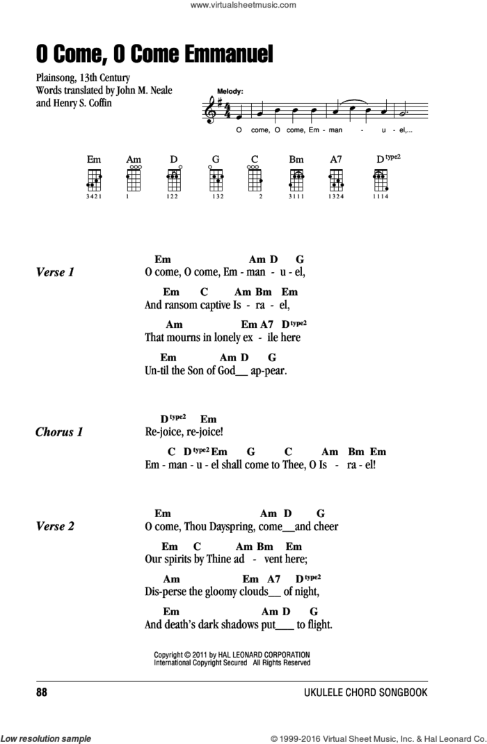 O Come, O Come Immanuel sheet music for ukulele (chords) by Henry S. Coffin, Henry S. Coffin (trans.) and John M. Neale (trans), intermediate skill level
