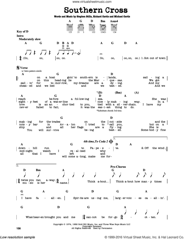 Southern Cross sheet music for guitar solo (lead sheet) by Crosby, Stills & Nash, Michael Curtis, Richard Curtis and Stephen Stills, intermediate guitar (lead sheet)