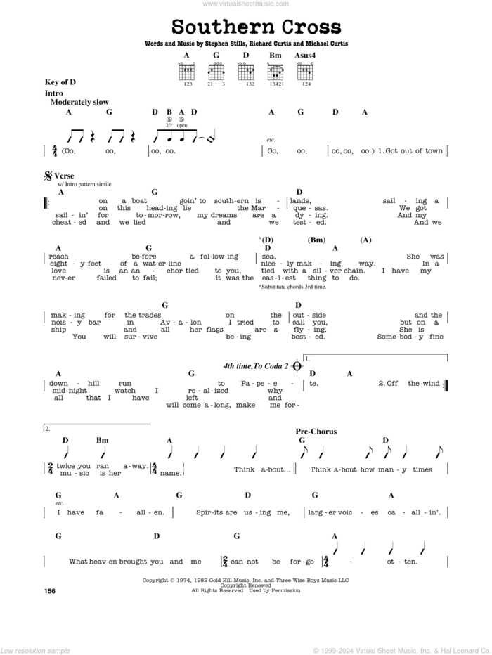 Southern Cross sheet music for guitar solo (lead sheet) by Crosby, Stills & Nash, Michael Curtis, Richard Curtis and Stephen Stills, intermediate guitar (lead sheet)