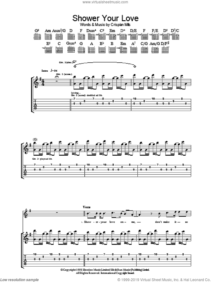 Shower Your Love sheet music for guitar (tablature) by Kula Shaker and Crispian Mills, intermediate skill level