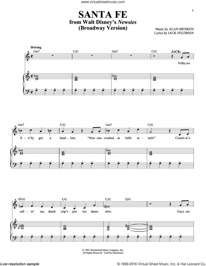 Santa Fe sheet music for voice and piano by Alan Menken, Richard Walters and Jack Feldman, intermediate skill level