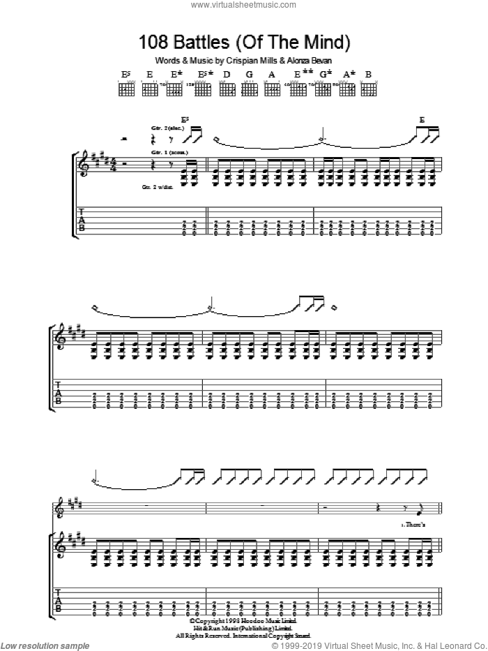 108 Battles (Of The Mind) sheet music for guitar (tablature) by Kula Shaker, Alonza Bevan and Crispian Mills, intermediate skill level