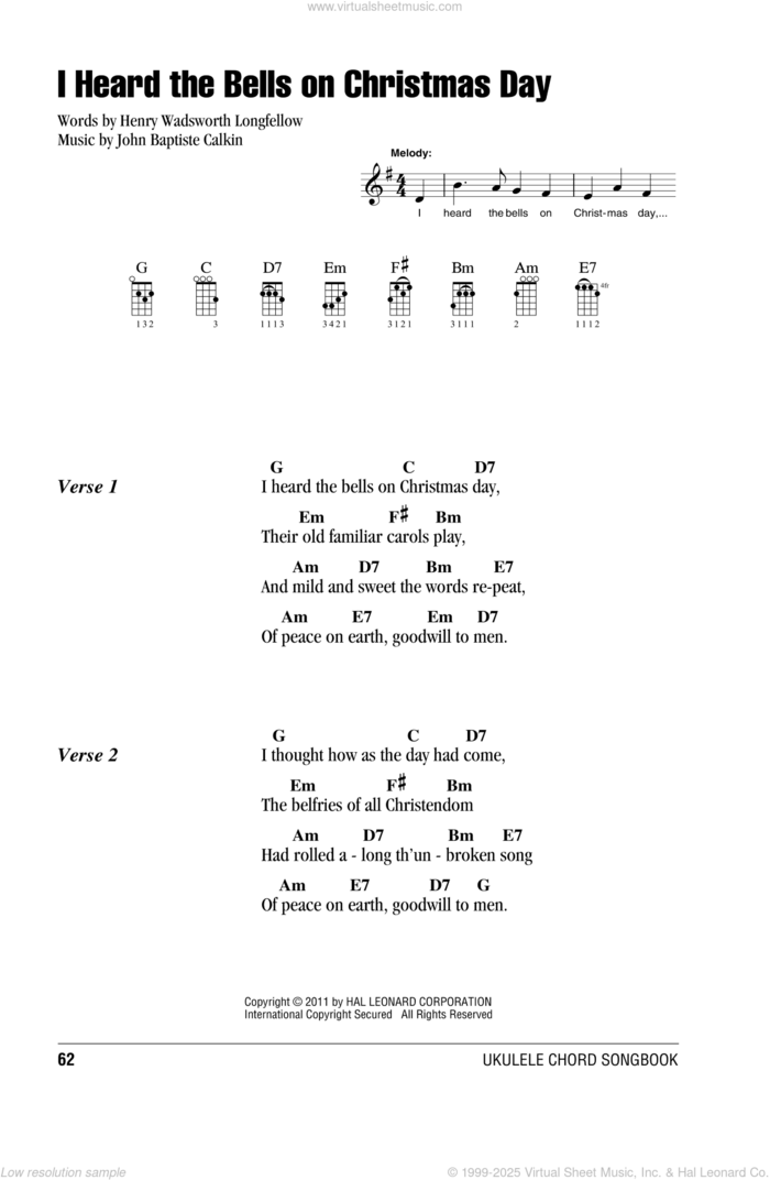 I Heard The Bells On Christmas Day sheet music for ukulele (chords) by Henry Wadsworth Longfellow and John Baptiste Calkin, intermediate skill level