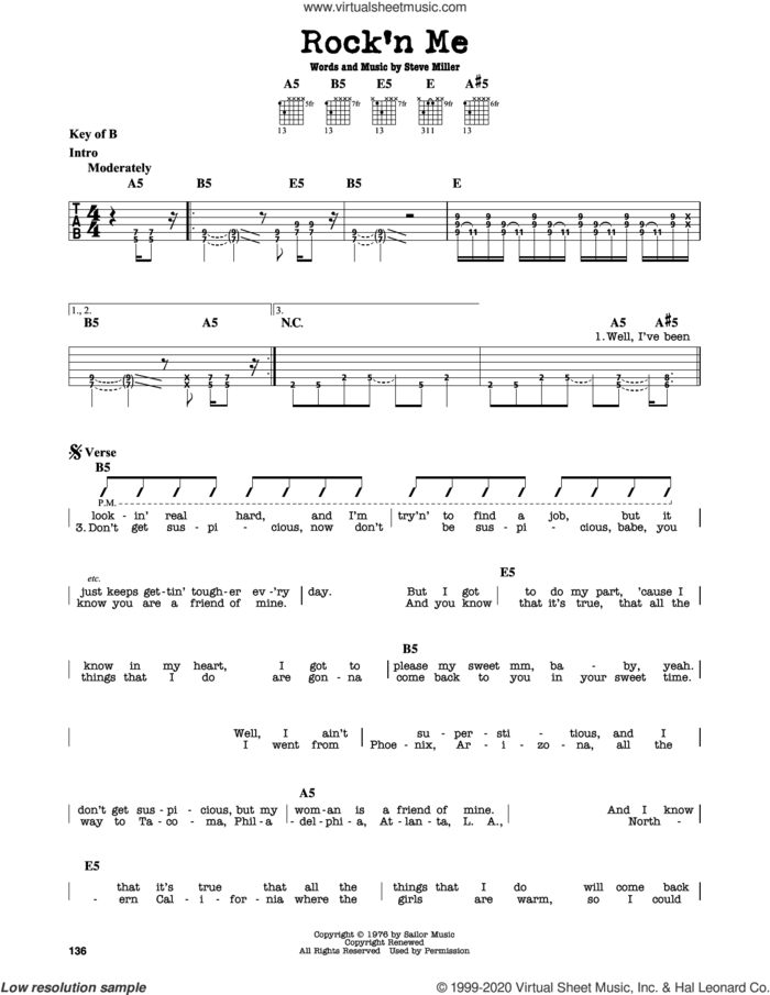 Rock'n Me sheet music for guitar solo (lead sheet) by Steve Miller Band and Steve Miller, intermediate guitar (lead sheet)