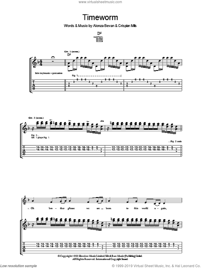 Timeworm sheet music for guitar (tablature) by Kula Shaker, Alonza Bevan and Crispian Mills, intermediate skill level