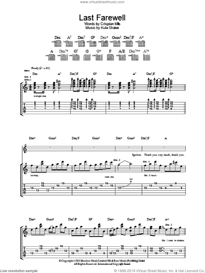 Last Farewell sheet music for guitar (tablature) by Kula Shaker and Crispian Mills, intermediate skill level
