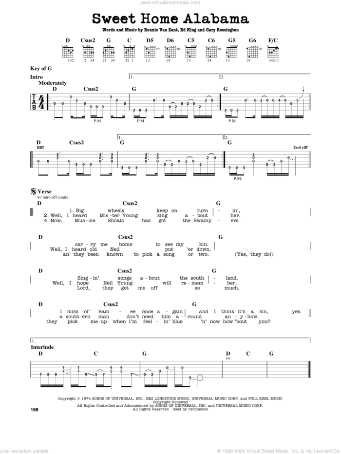 Sweet Home Alabama sheet music for guitar solo (lead sheet) by Lynyrd Skynyrd, Alabama, Edward King, Gary Rossington and Ronnie Van Zant, intermediate guitar (lead sheet)