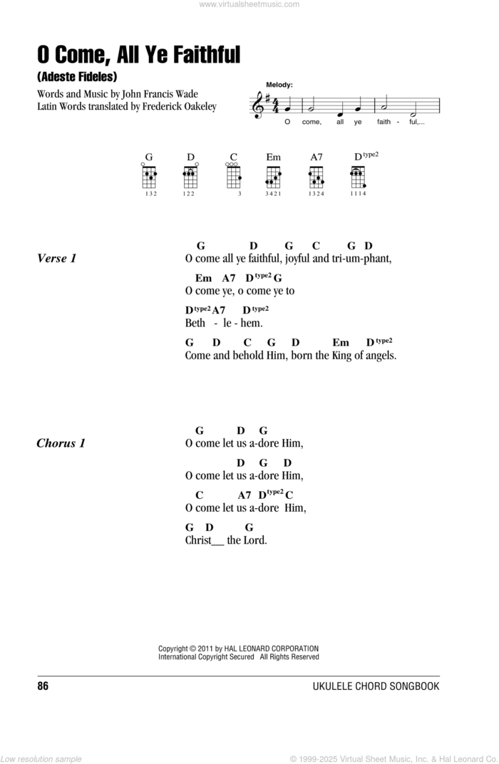 O Come, All Ye Faithful (Adeste Fideles) sheet music for ukulele (chords) by John Francis Wade and Frederick Oakeley, intermediate skill level