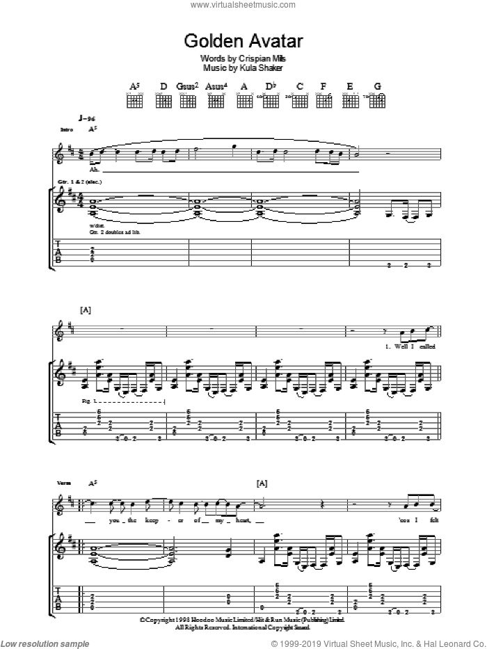 Golden Avatar sheet music for guitar (tablature) by Kula Shaker, Alonza Bevan, Crispian Mills, Jay Darlington and Paul Winter-Hart, intermediate skill level
