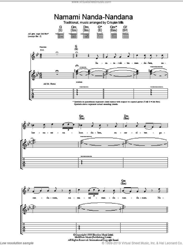 Namami Nanda Nandana sheet music for guitar (tablature) by Kula Shaker, Crispian Mills and Miscellaneous, intermediate skill level