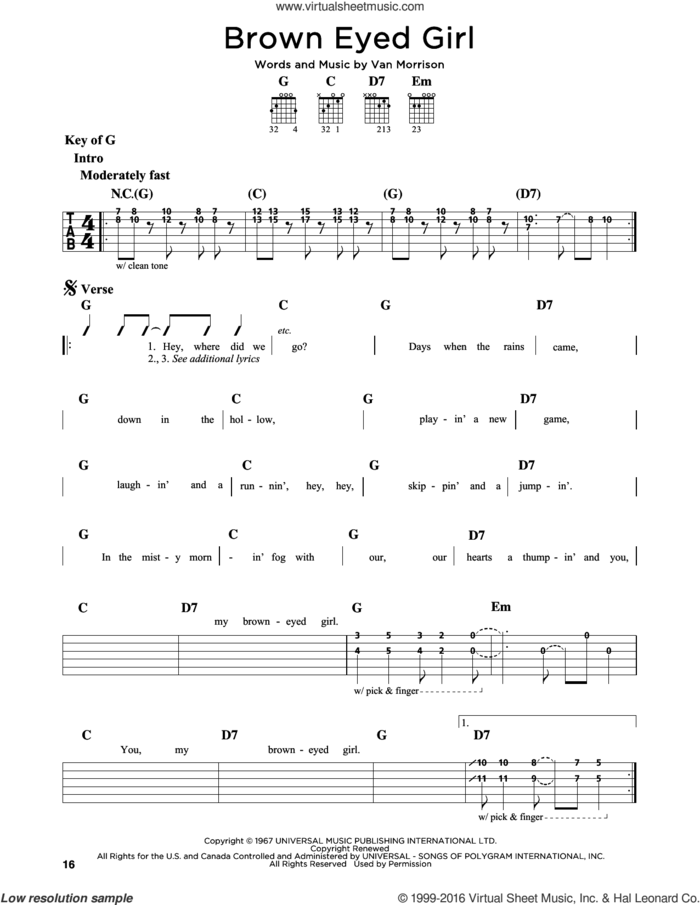 Brown Eyed Girl sheet music for guitar solo (lead sheet) by Van Morrison, intermediate guitar (lead sheet)