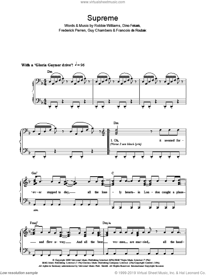 Supreme sheet music for voice, piano or guitar by Robbie Williams, Dino Fekaris, Francois de Roubaix, Frederick Perren and Guy Chambers, intermediate skill level