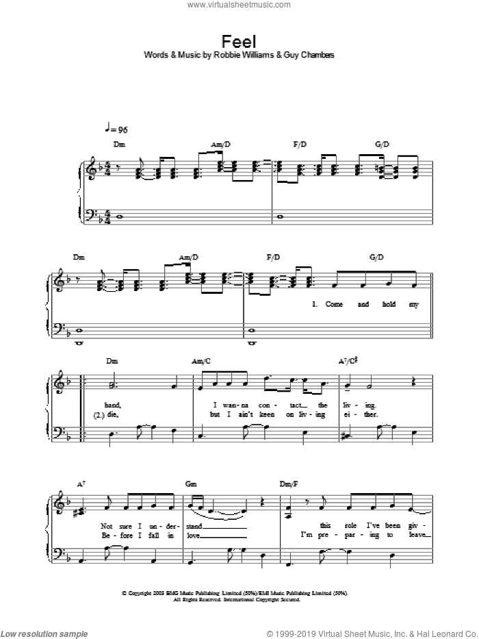 Feel sheet music for voice, piano or guitar by Robbie Williams and Guy Chambers, intermediate skill level
