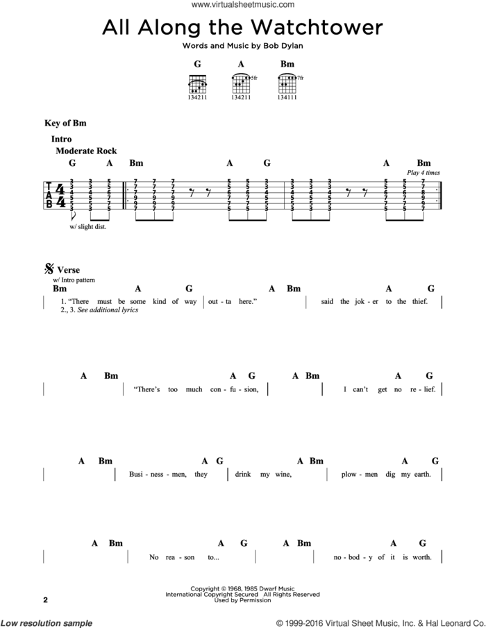 All Along The Watchtower sheet music for guitar solo (lead sheet) by Bob Dylan, The Jimi Hendrix Experience and U2, intermediate guitar (lead sheet)