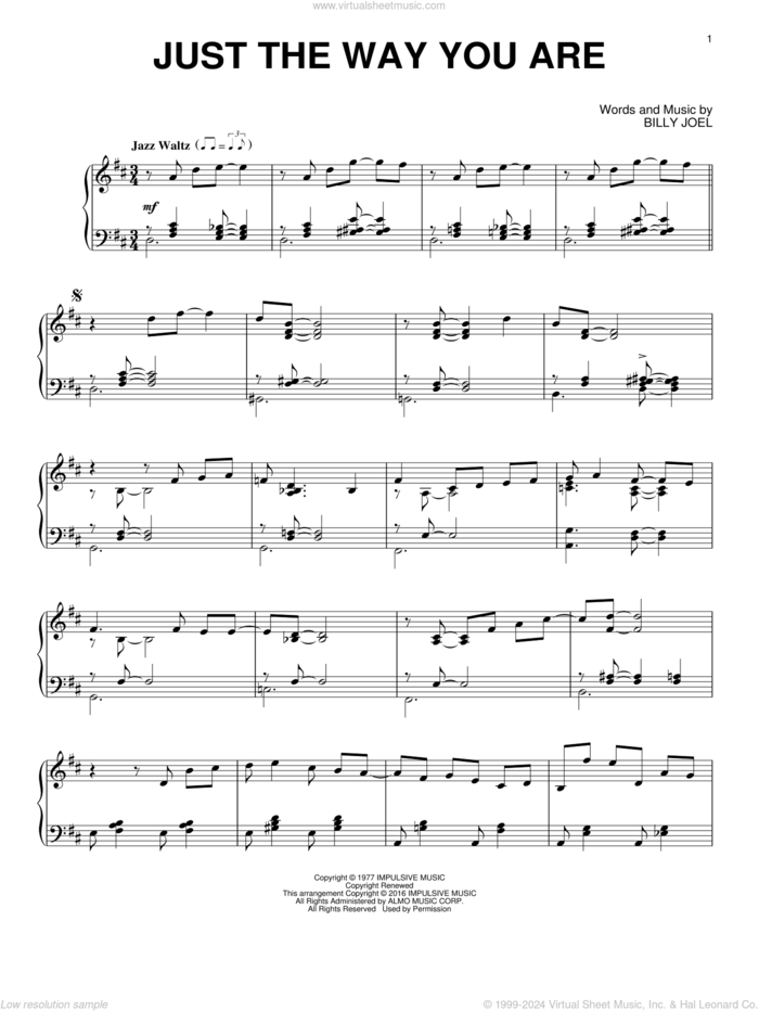 Just The Way You Are [Jazz version] sheet music for piano solo by Billy Joel, wedding score, intermediate skill level