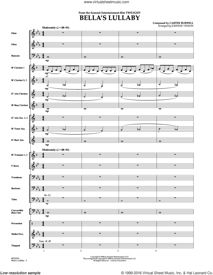 Bella's Lullaby (from Twilight) sheet music for concert band (full score) by Carter Burwell and Johnnie Vinson, intermediate skill level