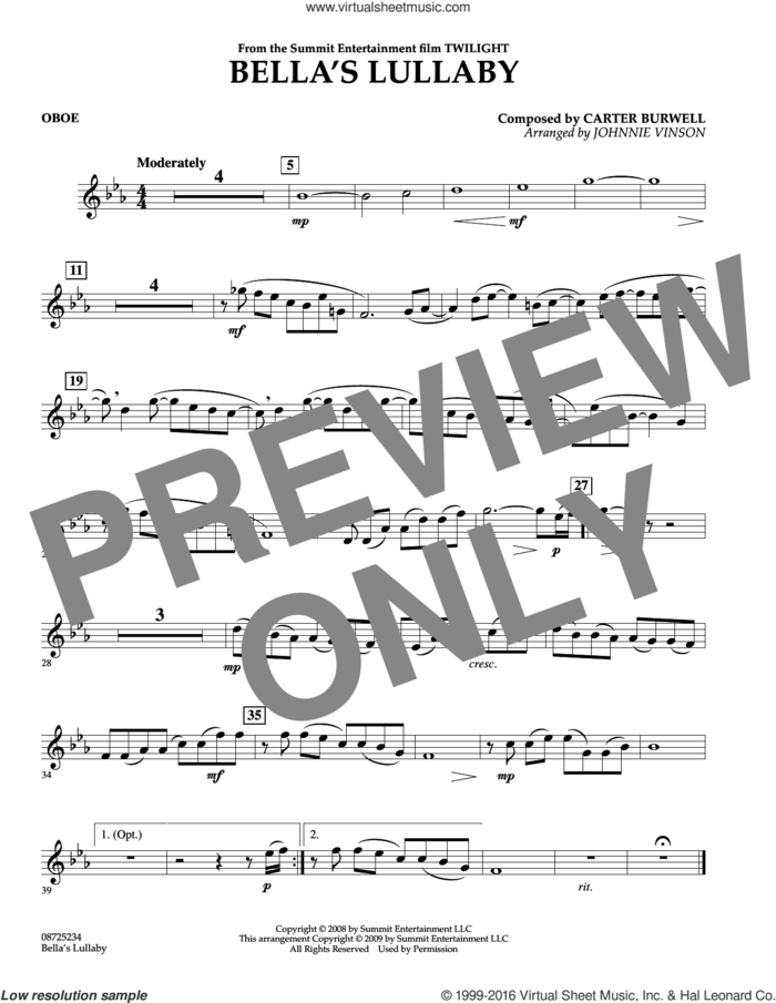 Bella's Lullaby (from Twilight) sheet music for concert band (oboe) by Carter Burwell and Johnnie Vinson, intermediate skill level
