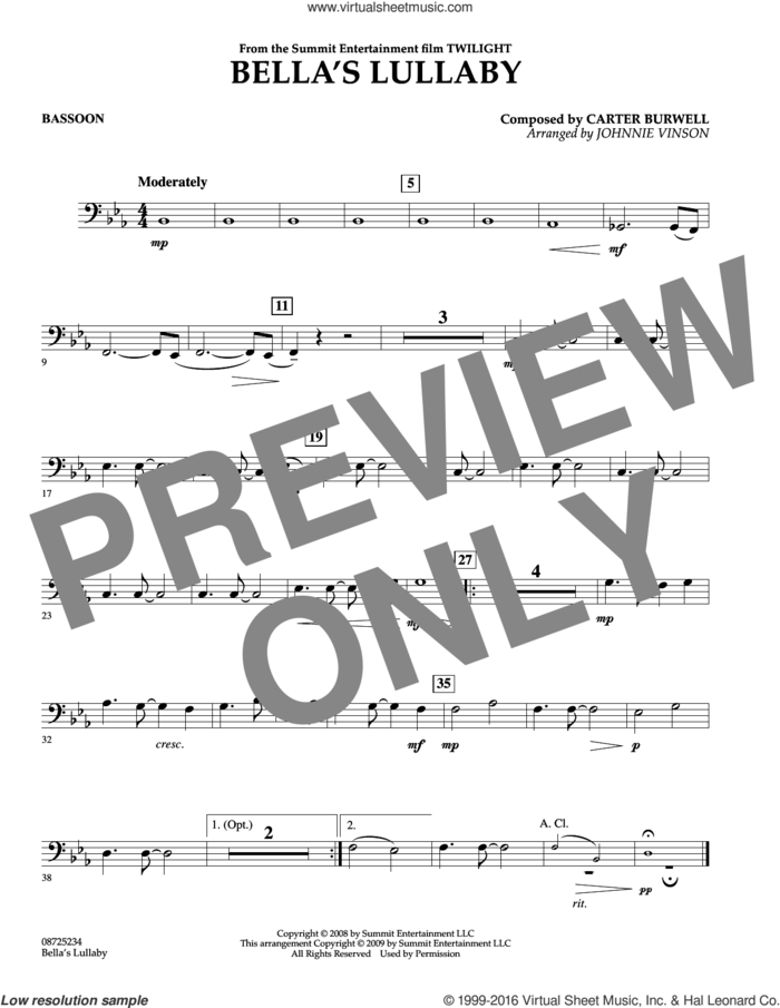 Bella's Lullaby (from Twilight) sheet music for concert band (bassoon) by Carter Burwell and Johnnie Vinson, intermediate skill level