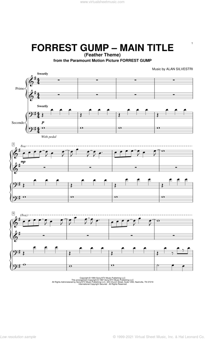 Forrest Gump - Main Title (Feather Theme) sheet music for piano four hands by Alan Silvestri, intermediate skill level