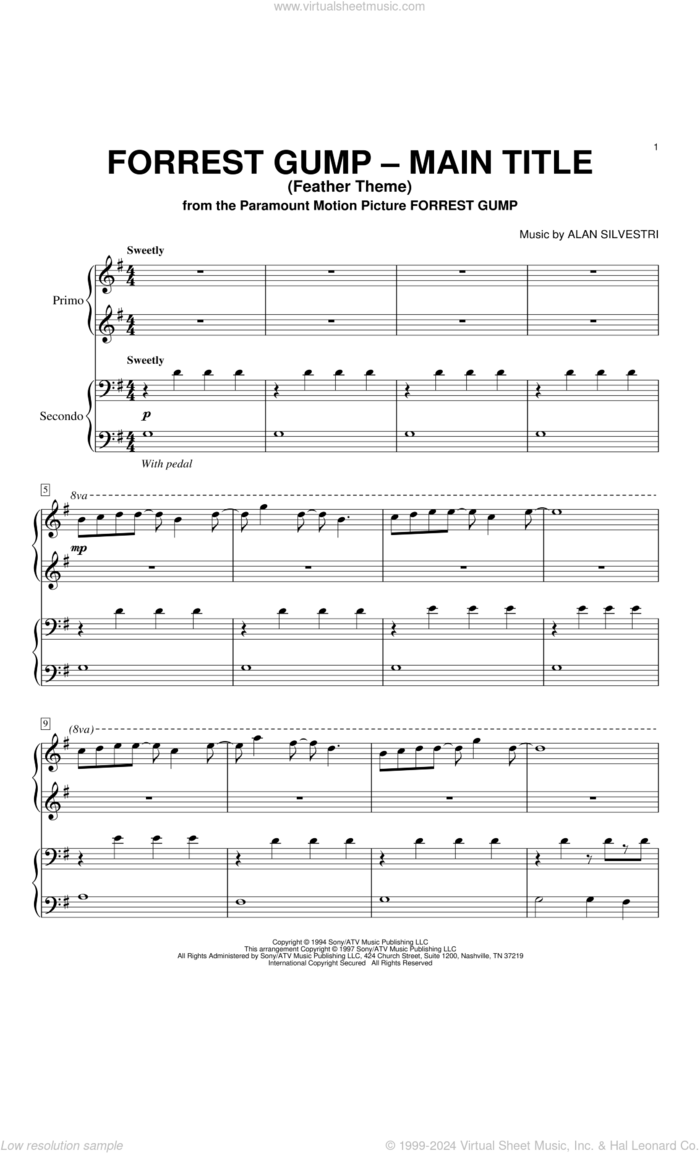 Forrest Gump - Main Title (Feather Theme) sheet music for piano four hands by Alan Silvestri, intermediate skill level