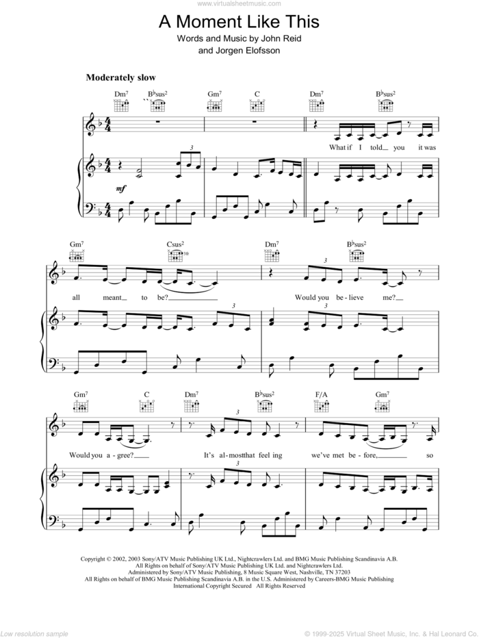 A Moment Like This sheet music for voice, piano or guitar by Leona Lewis, JAAorgen Elofsson, John Reid and Jorgen Elofsson, intermediate skill level