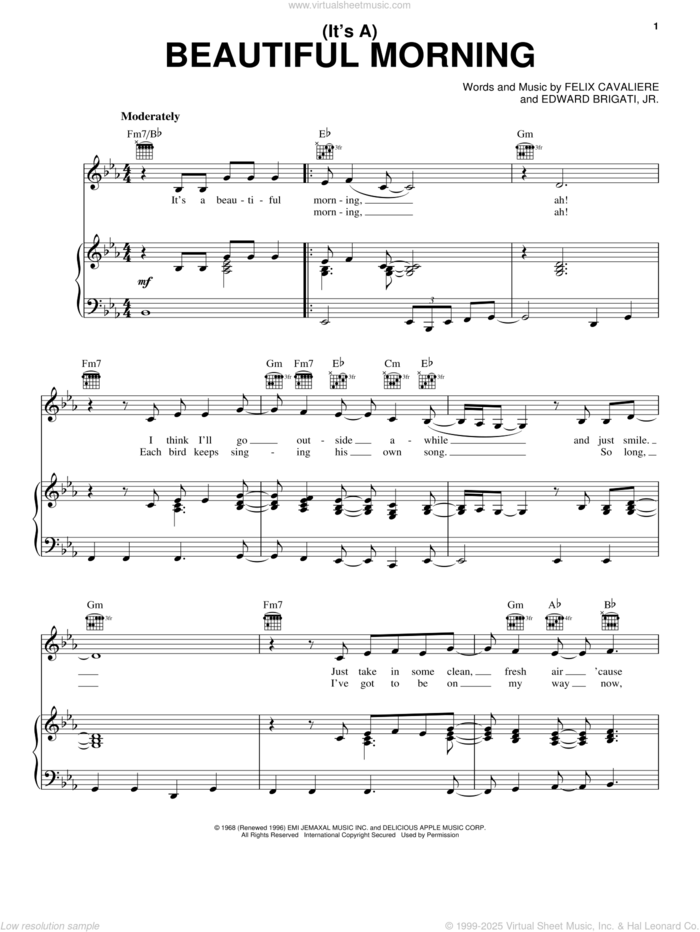 (It's A) Beautiful Morning sheet music for voice, piano or guitar by The Rascals, Edward Brigati, Jr. and Felix Cavaliere, intermediate skill level