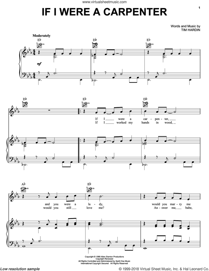 If I Were A Carpenter sheet music for voice, piano or guitar by Bobby Darin, Johnny Cash and Tim Hardin, intermediate skill level