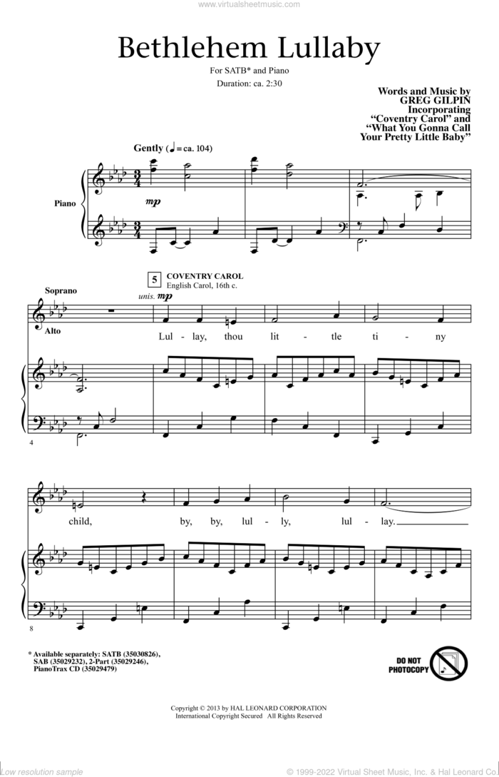 Bethlehem Lullaby sheet music for choir (SATB: soprano, alto, tenor, bass) by Greg Gilpin, intermediate skill level
