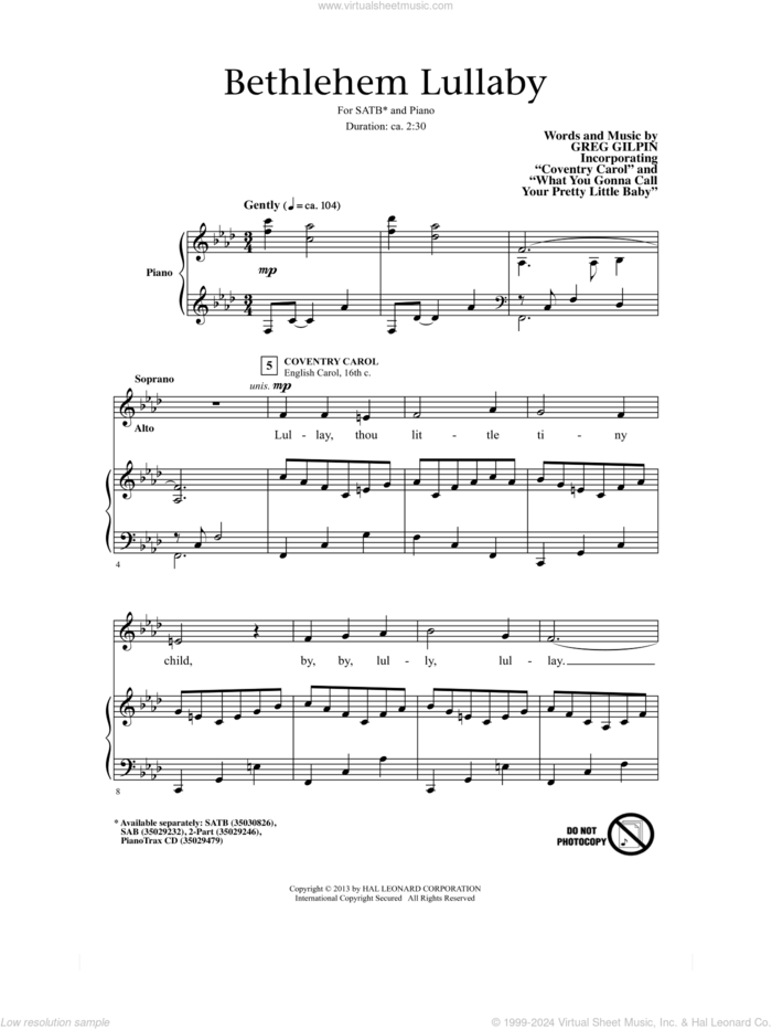 Bethlehem Lullaby sheet music for choir (SATB: soprano, alto, tenor, bass) by Greg Gilpin, intermediate skill level