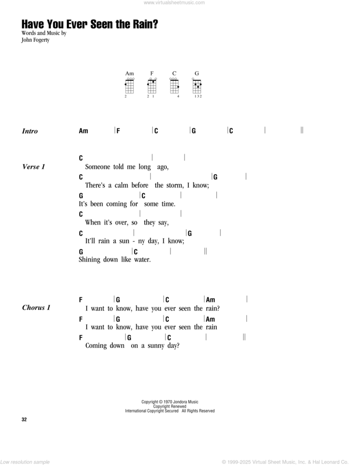 Have You Ever Seen The Rain? sheet music for ukulele (chords) by Creedence Clearwater Revival and John Fogerty, intermediate skill level