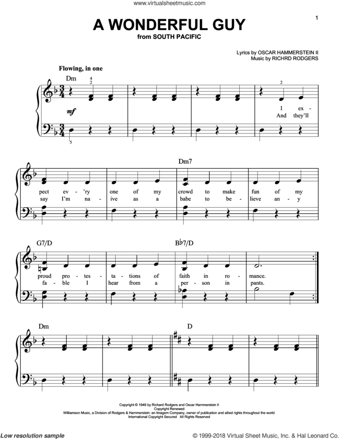 A Wonderful Guy sheet music for piano solo by Rodgers & Hammerstein, Oscar II Hammerstein and Richard Rodgers, beginner skill level