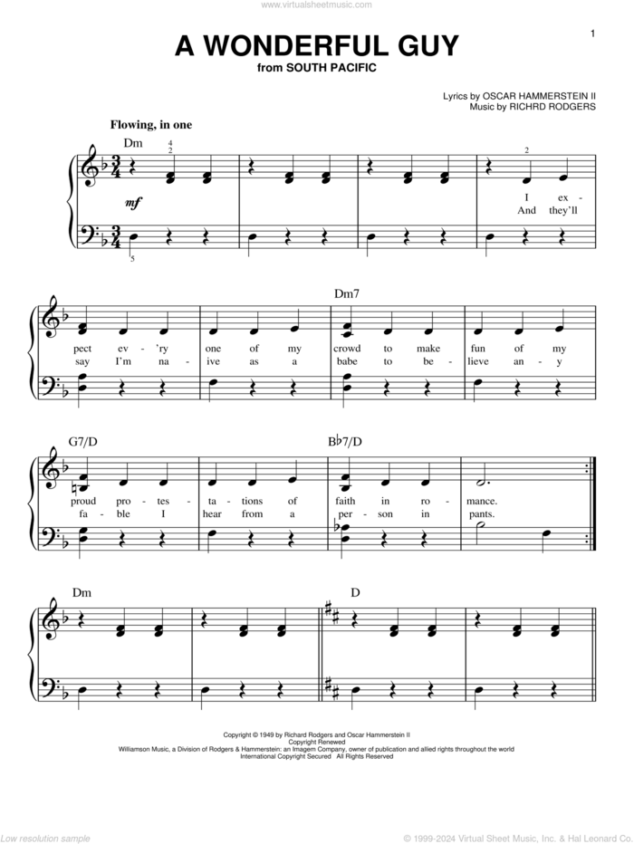 A Wonderful Guy sheet music for piano solo by Rodgers & Hammerstein, Oscar II Hammerstein and Richard Rodgers, beginner skill level