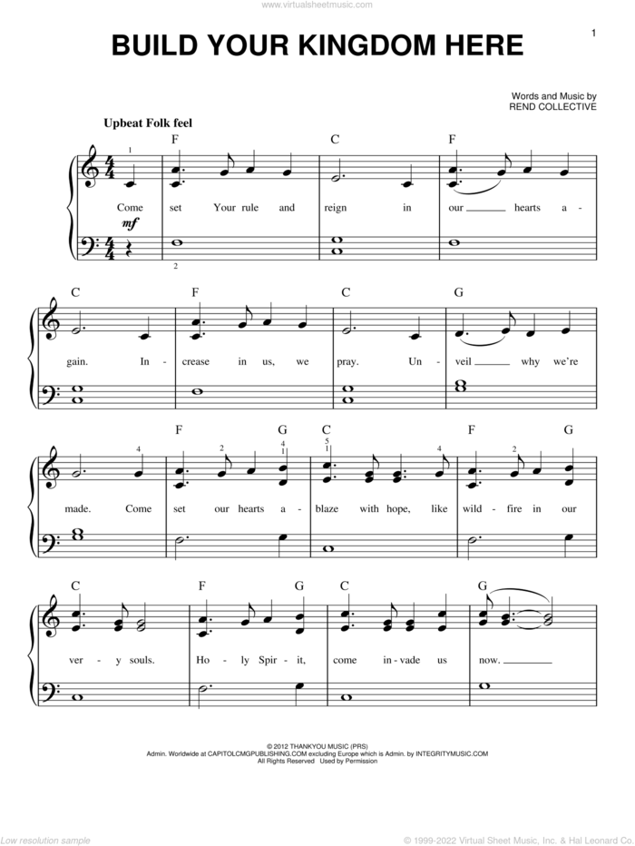 Build Your Kingdom Here sheet music for piano solo by Rend Collective, easy skill level