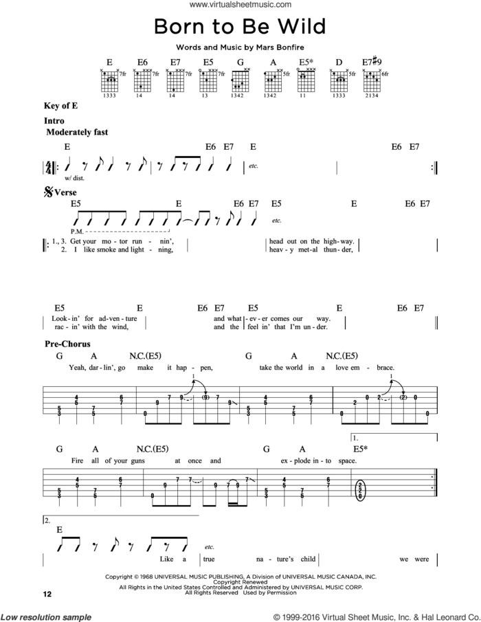 Born To Be Wild sheet music for guitar solo (lead sheet) by Steppenwolf and Mars Bonfire, intermediate guitar (lead sheet)